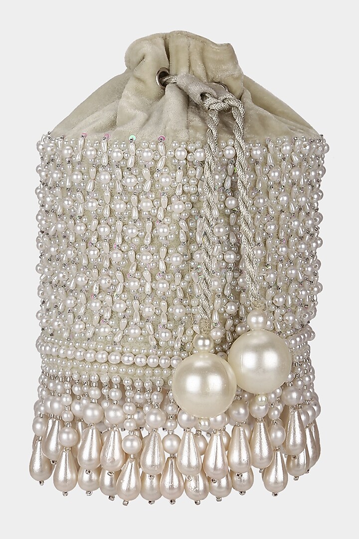 Beige Embroidered Bucket Bag by Aanchal Sayal at Pernia's Pop Up Shop