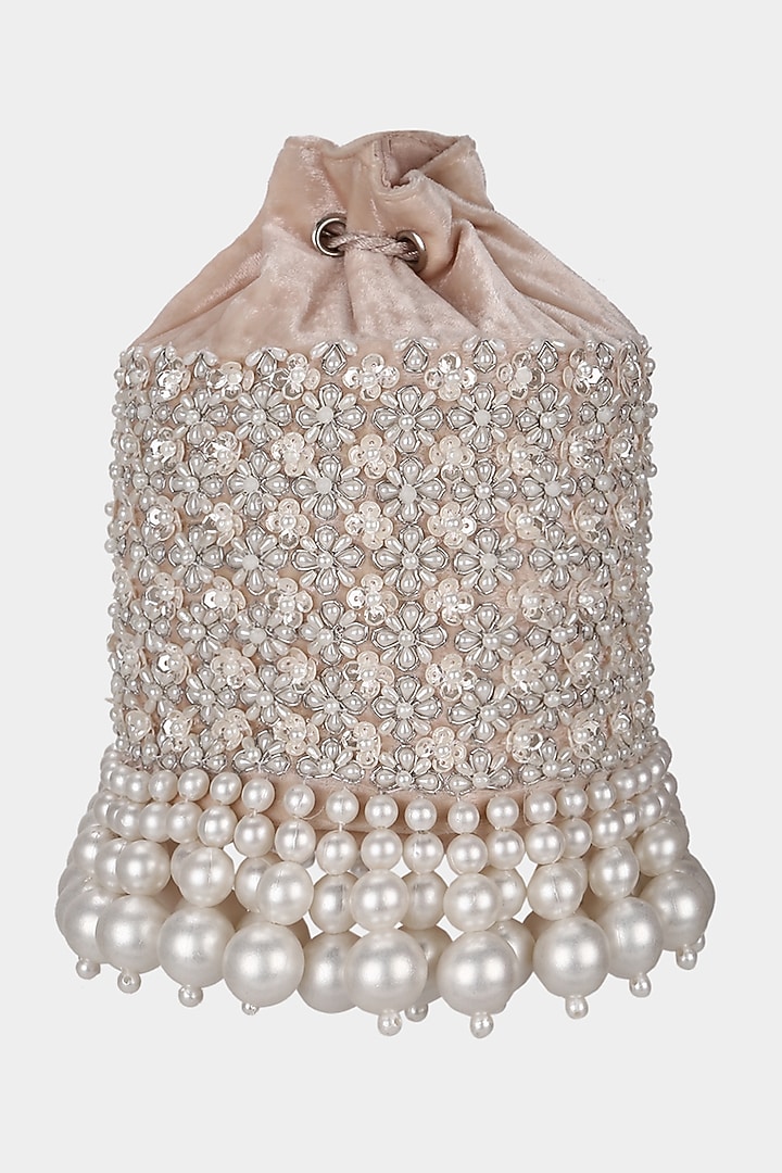 Blush Pink Pearl Embroidered Bucket Bag by Aanchal Sayal at Pernia's Pop Up Shop