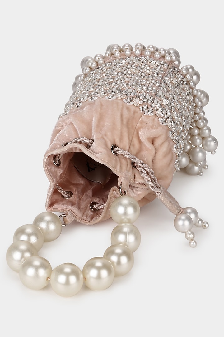 Blush Pink Pearl Embroidered Bucket Bag by Aanchal Sayal at Pernia's Pop Up Shop