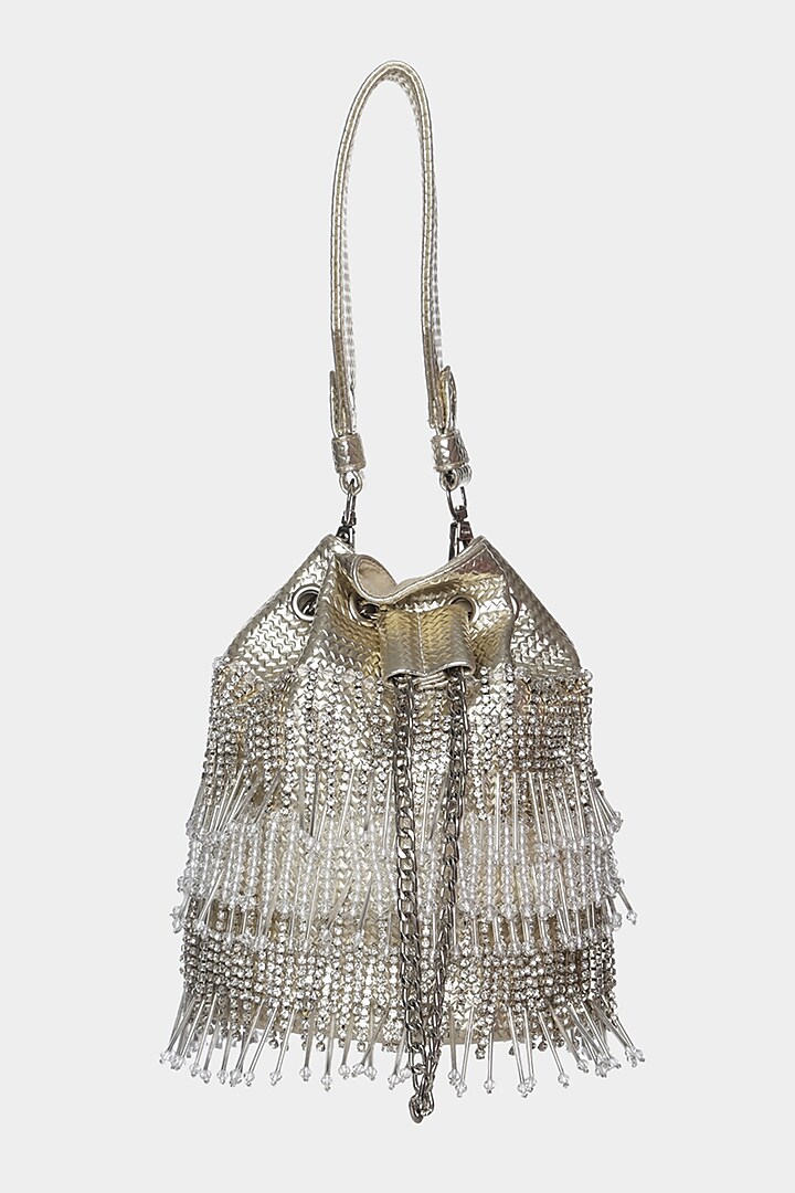 Ivory & Silver Potli Bucket Bag With Crystals by Aanchal Sayal