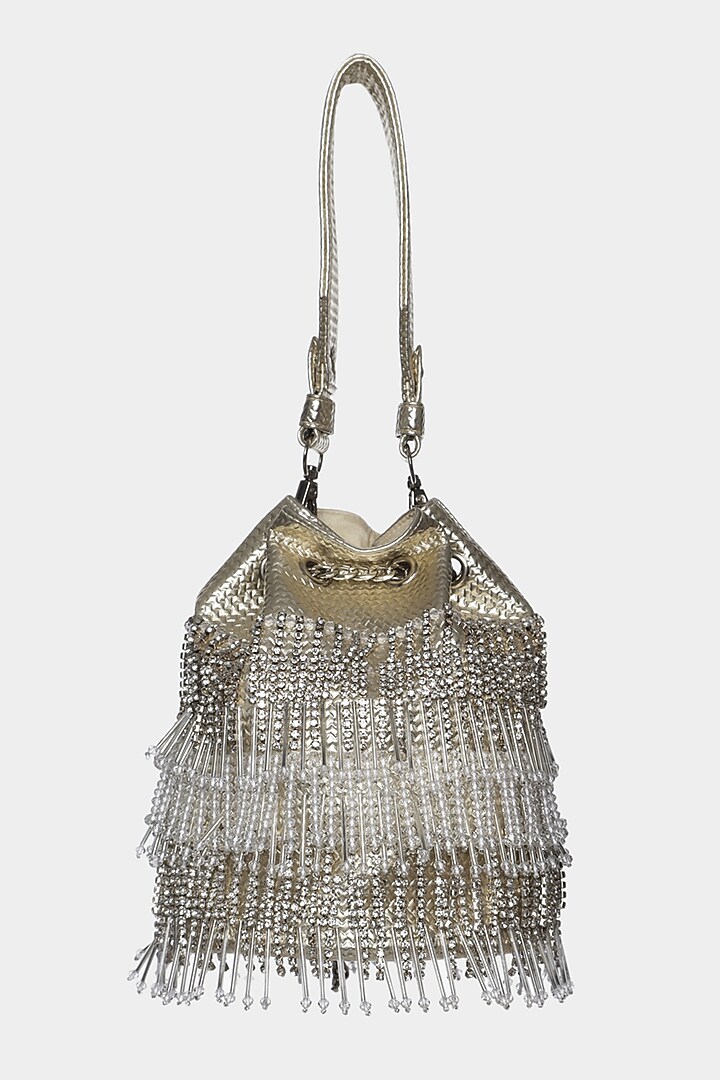 Ivory & Silver Potli Bucket Bag With Crystals by Aanchal Sayal at Pernia's Pop Up Shop