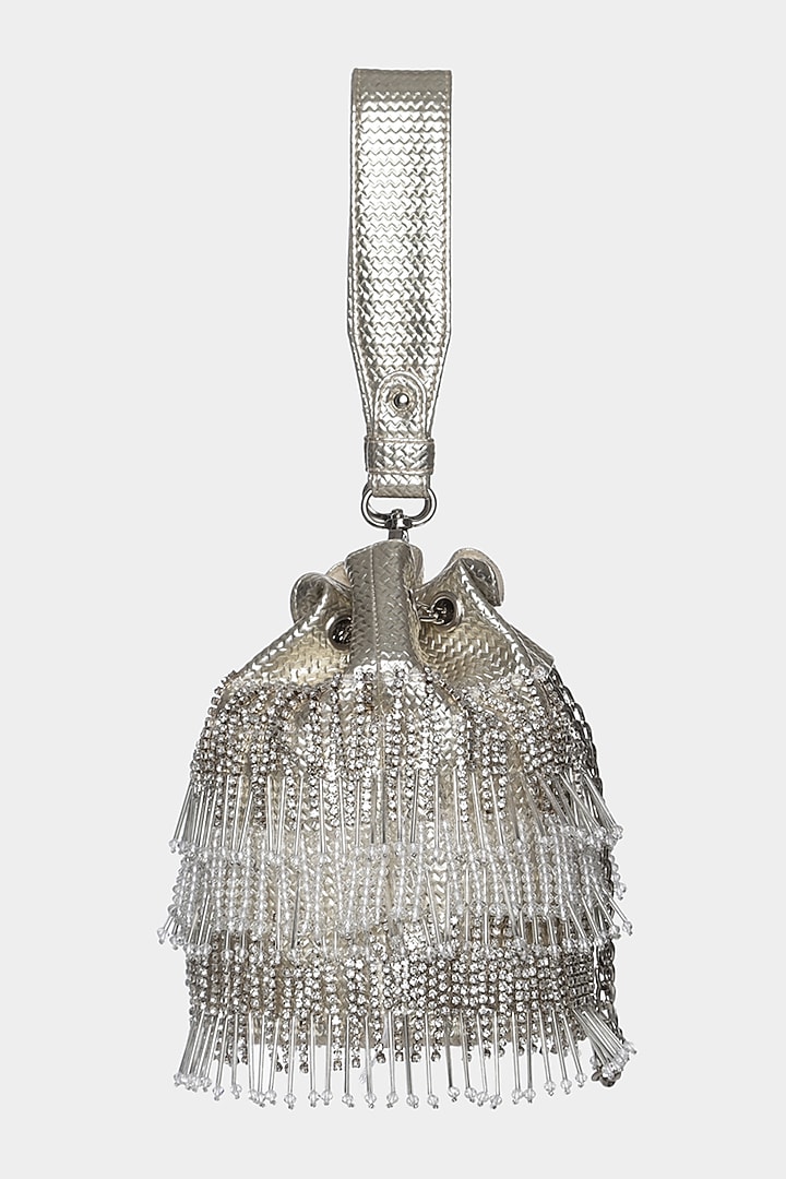 Ivory & Silver Potli Bucket Bag With Crystals by Aanchal Sayal at Pernia's Pop Up Shop
