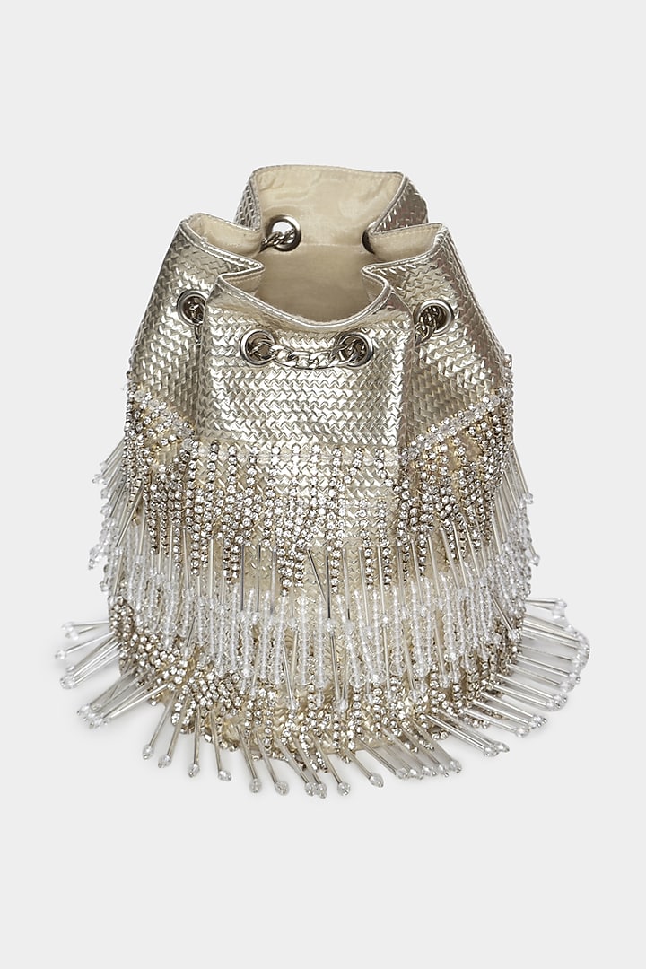 Ivory & Silver Potli Bucket Bag With Crystals by Aanchal Sayal at Pernia's Pop Up Shop