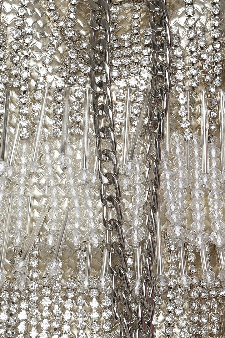 Ivory & Silver Potli Bucket Bag With Crystals by Aanchal Sayal at Pernia's Pop Up Shop