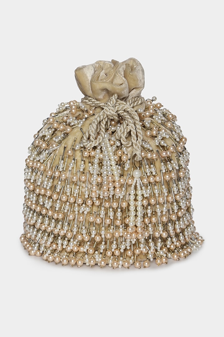 Beige Potli Bucket Bag With Small Pearl Tassels by Aanchal Sayal at Pernia's Pop Up Shop