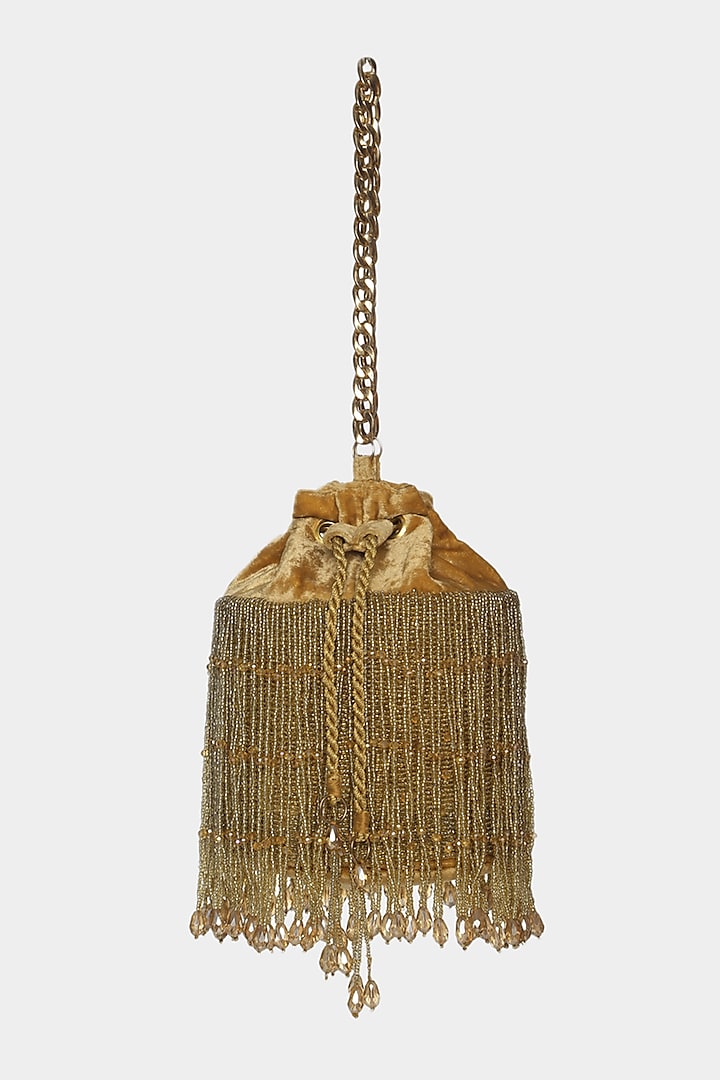 Golden Embroidered Potli Bucket Bag by Aanchal Sayal at Pernia's Pop Up Shop