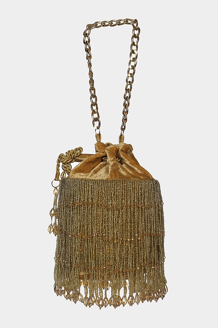 Golden Embroidered Potli Bucket Bag by Aanchal Sayal at Pernia's Pop Up Shop