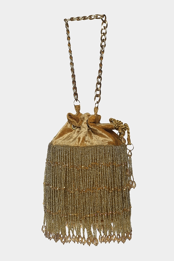 Golden Embroidered Potli Bucket Bag by Aanchal Sayal at Pernia's Pop Up Shop