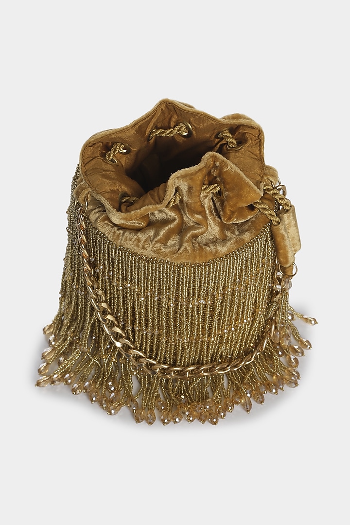 Golden Embroidered Potli Bucket Bag by Aanchal Sayal at Pernia's Pop Up Shop