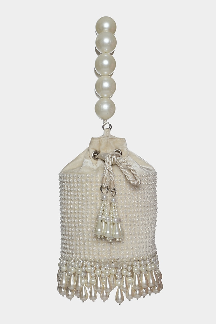 Ivory Pearl Embroidered Bucket Bag by Aanchal Sayal at Pernia's Pop Up Shop
