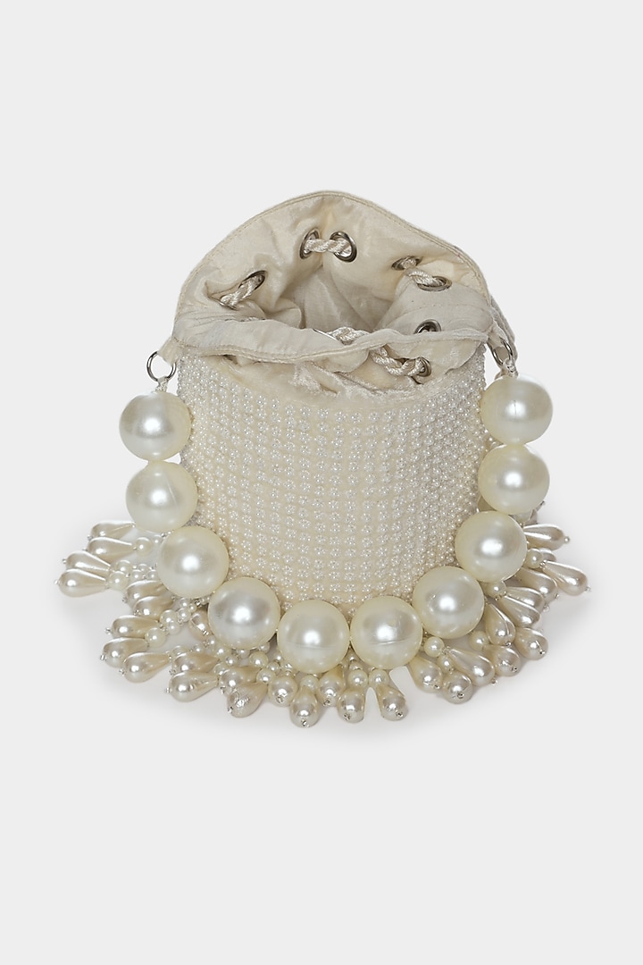 Ivory Pearl Embroidered Bucket Bag by Aanchal Sayal at Pernia's Pop Up Shop