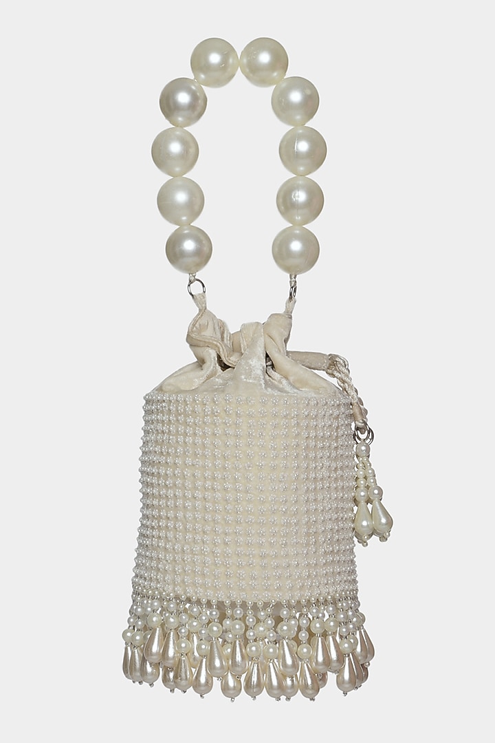 Ivory Pearl Embroidered Bucket Bag by Aanchal Sayal at Pernia's Pop Up Shop