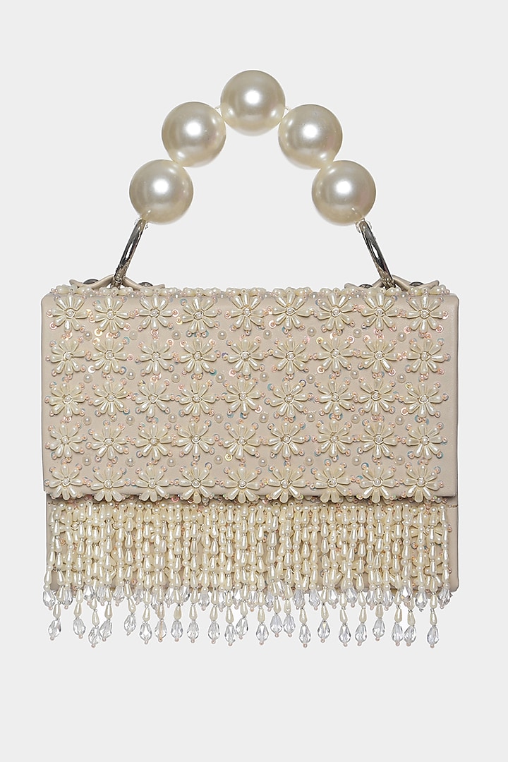 Ivory Embellished Mini Bag In Faux Leather by Aanchal Sayal