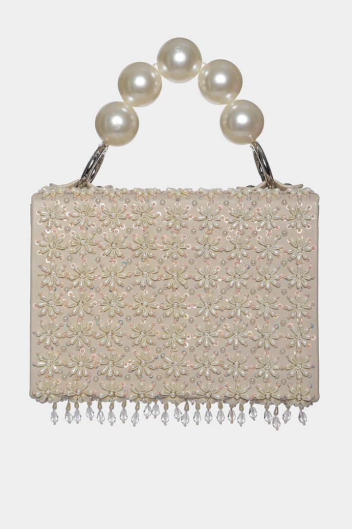 Ivory Embellished Mini Bag In Faux Leather by Aanchal Sayal at Pernia's Pop Up Shop
