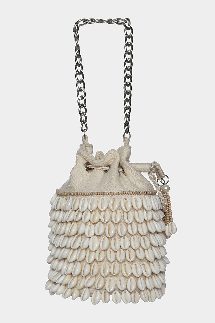 Ivory Bucket Bag With Seashells by Aanchal Sayal