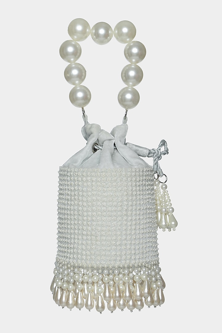 Ice Blue Pearl Embroidered Bucket Bag by Aanchal Sayal