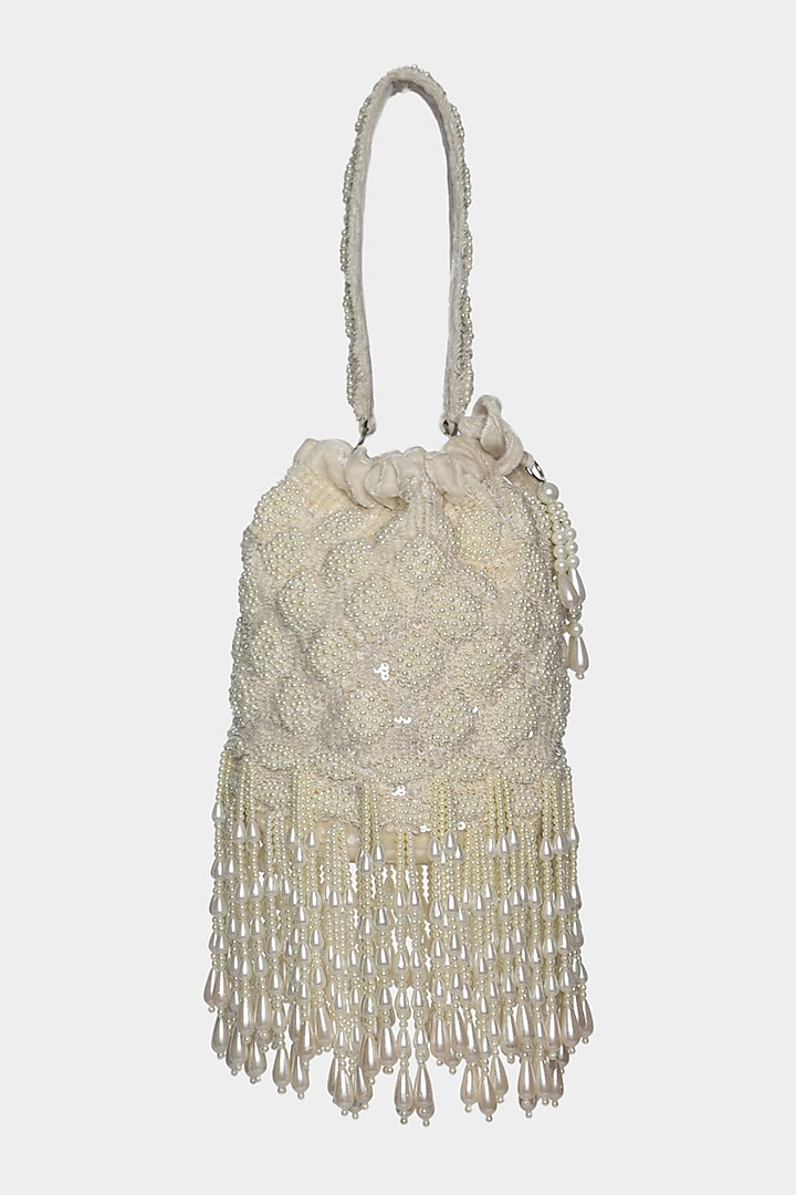 Ivory Sequins Embroidered Bucket Bag by Aanchal Sayal at Pernia's Pop Up Shop