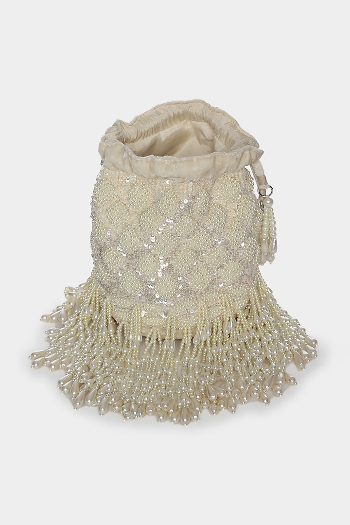 Ivory Sequins Embroidered Bucket Bag by Aanchal Sayal at Pernia's Pop Up Shop