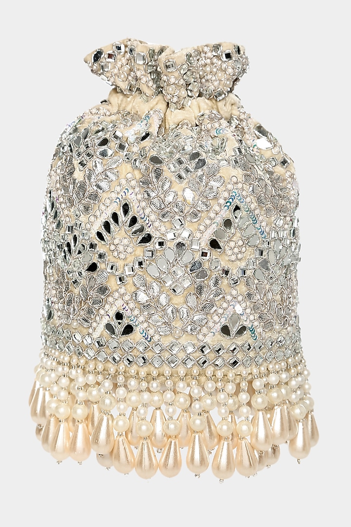 Ivory Velvet Bucket Bag With Sequins Work by Aanchal Sayal