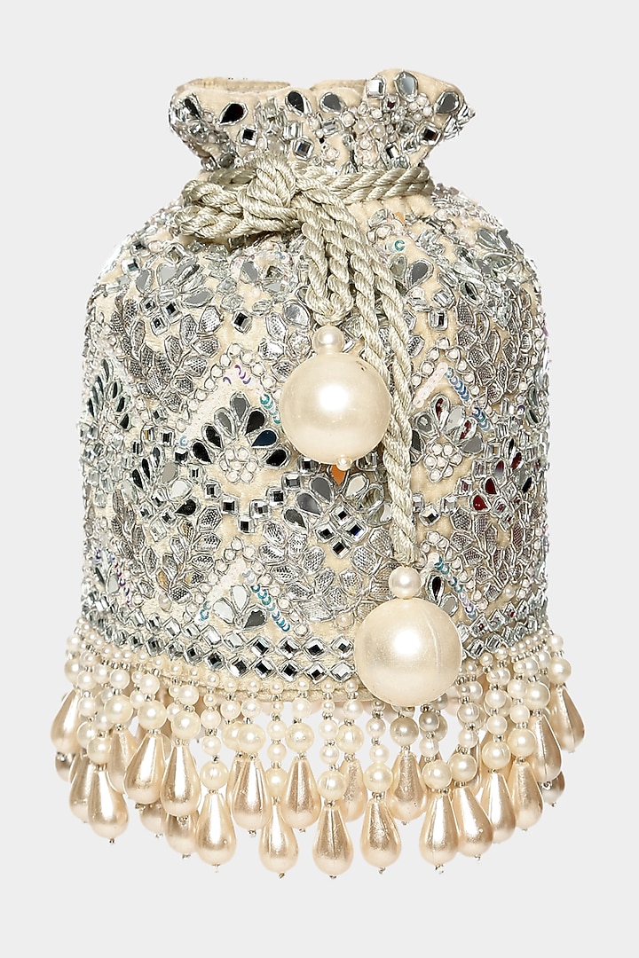 Ivory Velvet Bucket Bag With Sequins Work by Aanchal Sayal at Pernia's Pop Up Shop