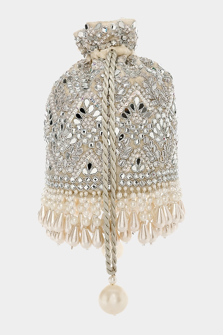Ivory Velvet Bucket Bag With Sequins Work by Aanchal Sayal at Pernia's Pop Up Shop
