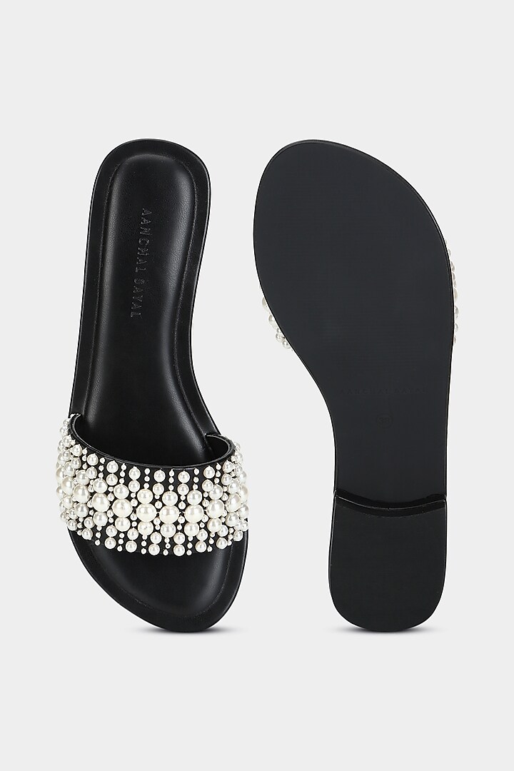 Black Handcrafted Slippers by Aanchal Sayal at Pernia's Pop Up Shop