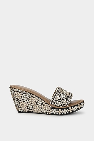 Black & Gold Sequins Wedges With Cutdana Work by Aanchal Sayal