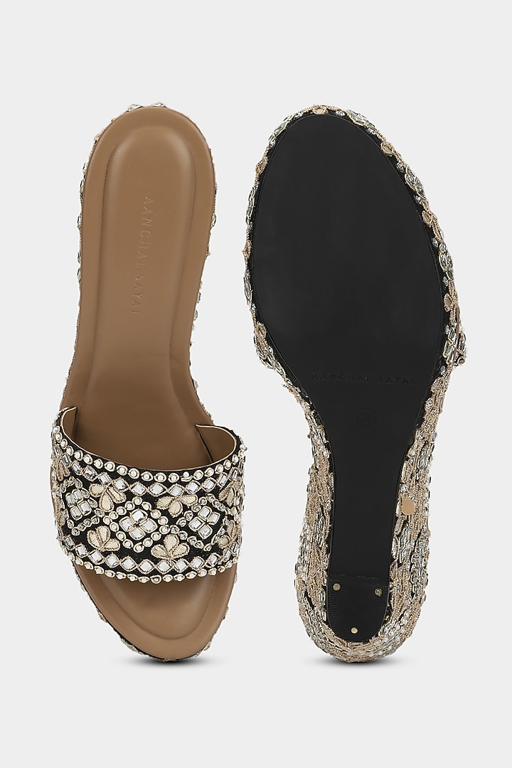 Black & Gold Sequins Wedges With Cutdana Work by Aanchal Sayal at Pernia's Pop Up Shop