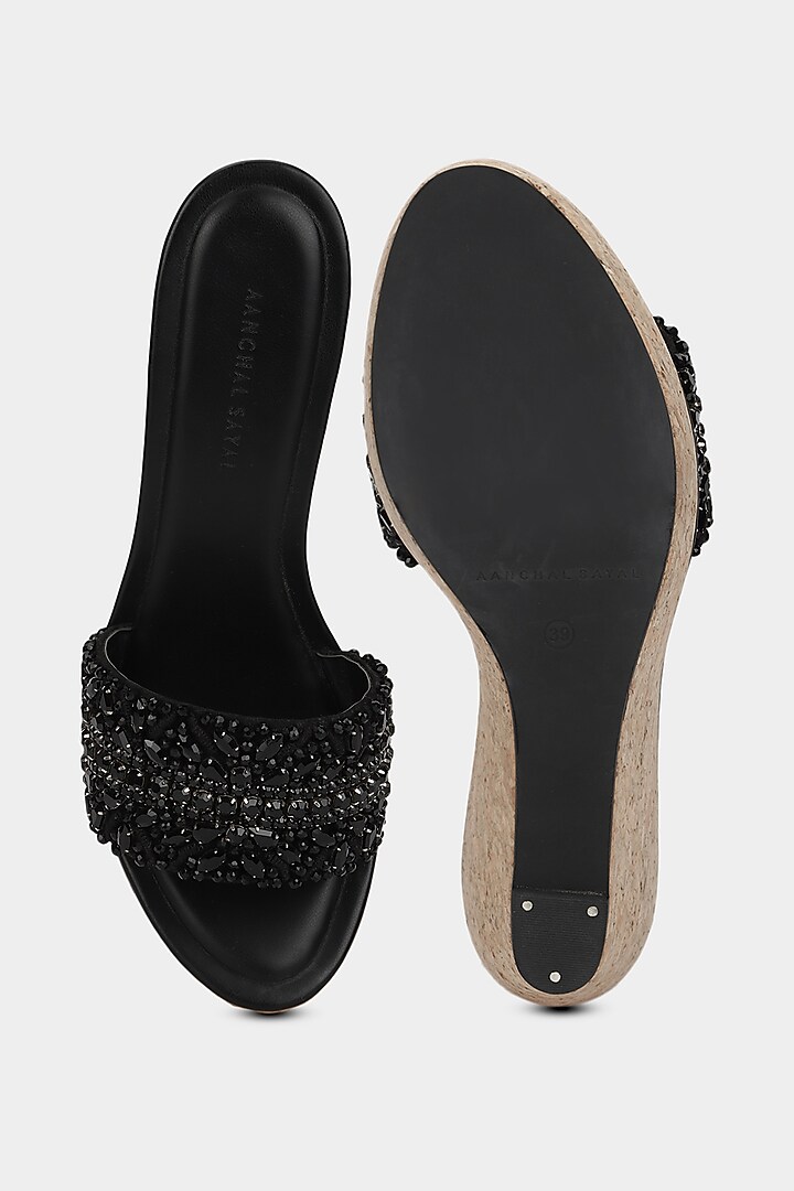 Black Faux Leather Wedges by Aanchal Sayal at Pernia's Pop Up Shop