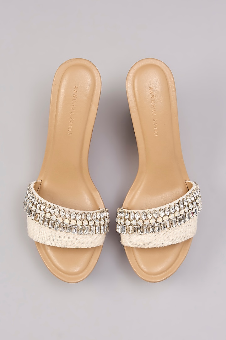 White Suede & Jute Stone Work Handcrafted Heels by Aanchal Sayal at Pernia's Pop Up Shop