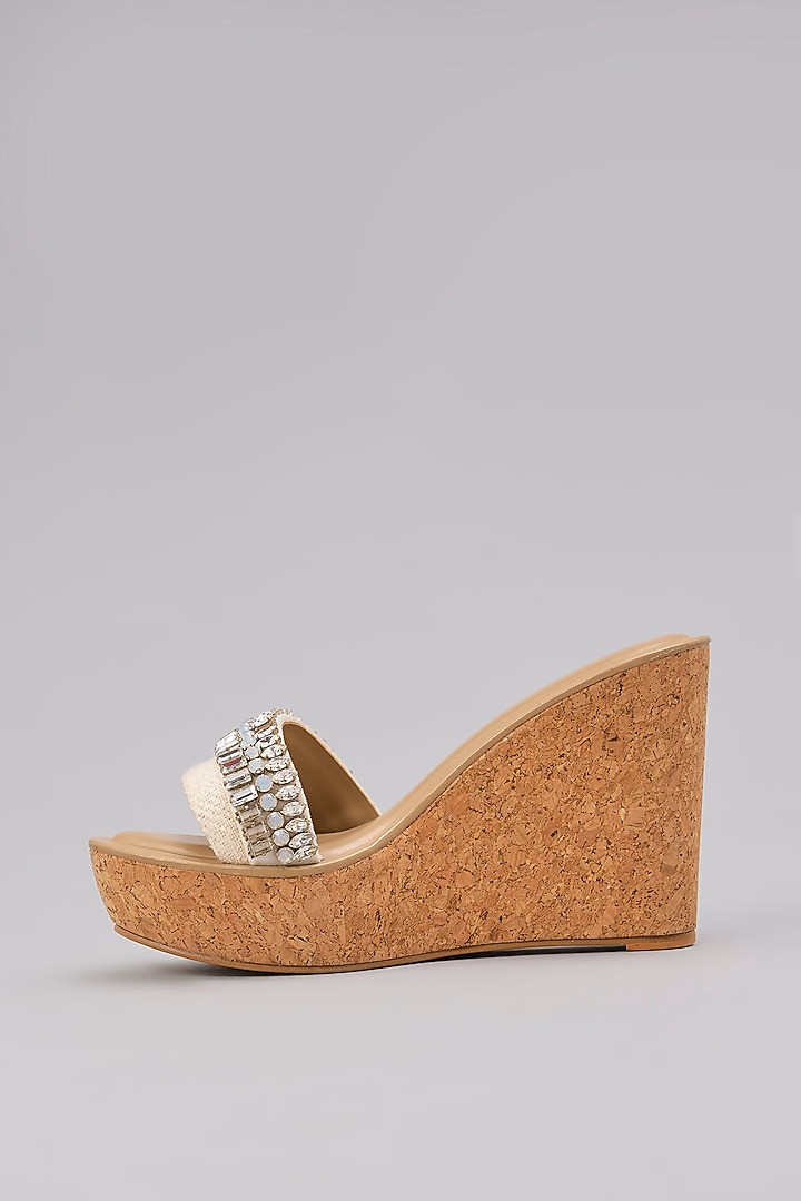 White Suede & Jute Stone Work Handcrafted Heels by Aanchal Sayal at Pernia's Pop Up Shop