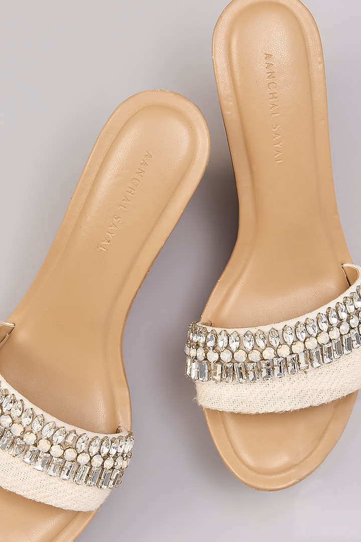 White Suede & Jute Stone Work Handcrafted Heels by Aanchal Sayal at Pernia's Pop Up Shop