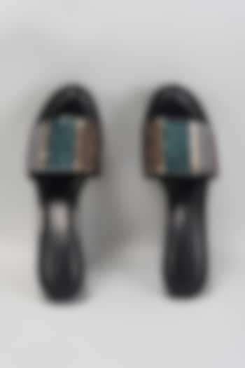 Black Faux Leather Sequins Work Wedges by Aanchal Sayal at Pernia's Pop Up Shop
