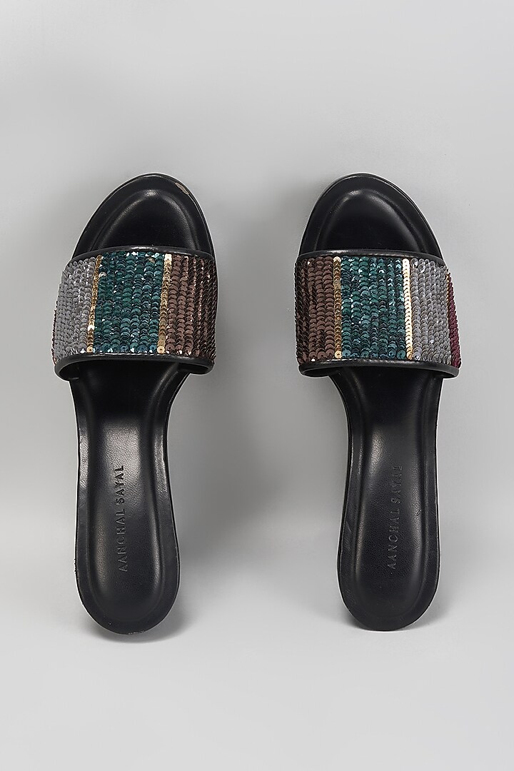 Black Faux Leather Sequins Work Wedges by Aanchal Sayal at Pernia's Pop Up Shop
