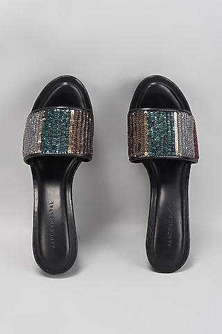 Black Faux Leather Sequins Work Wedges by Aanchal Sayal