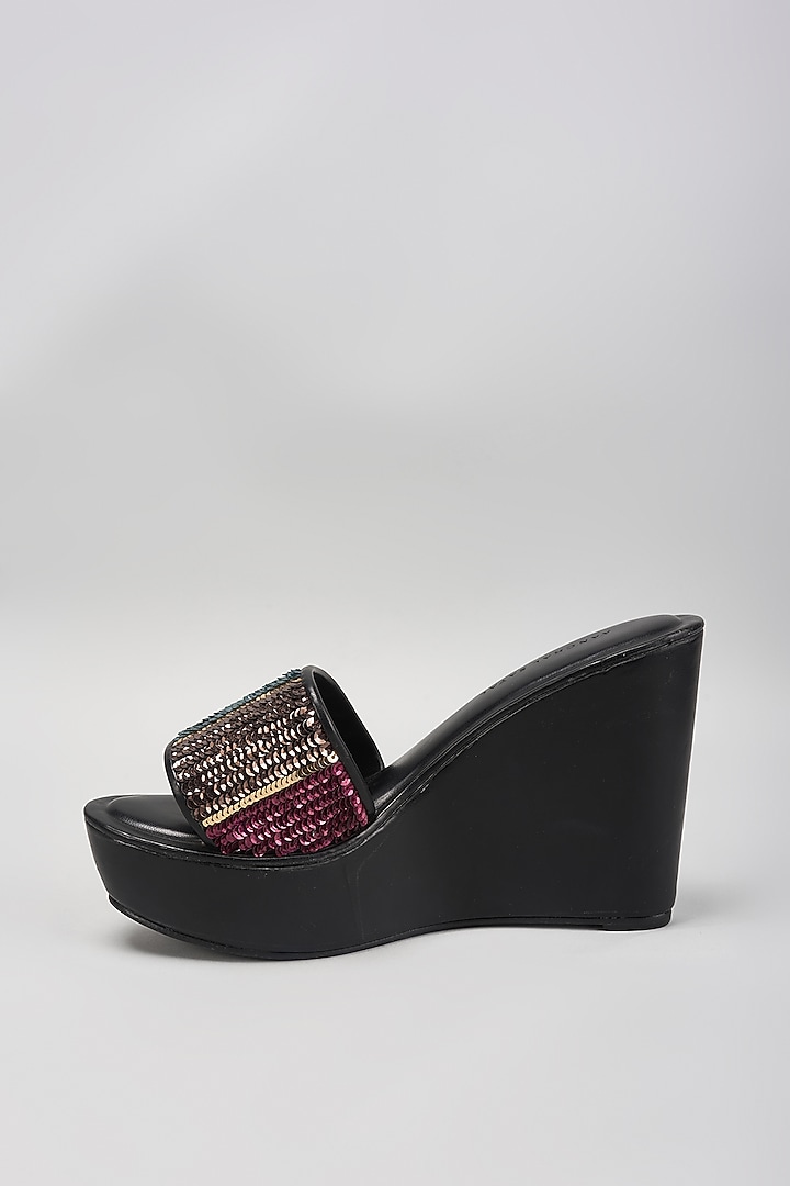 Black Faux Leather Sequins Work Wedges by Aanchal Sayal at Pernia's Pop Up Shop