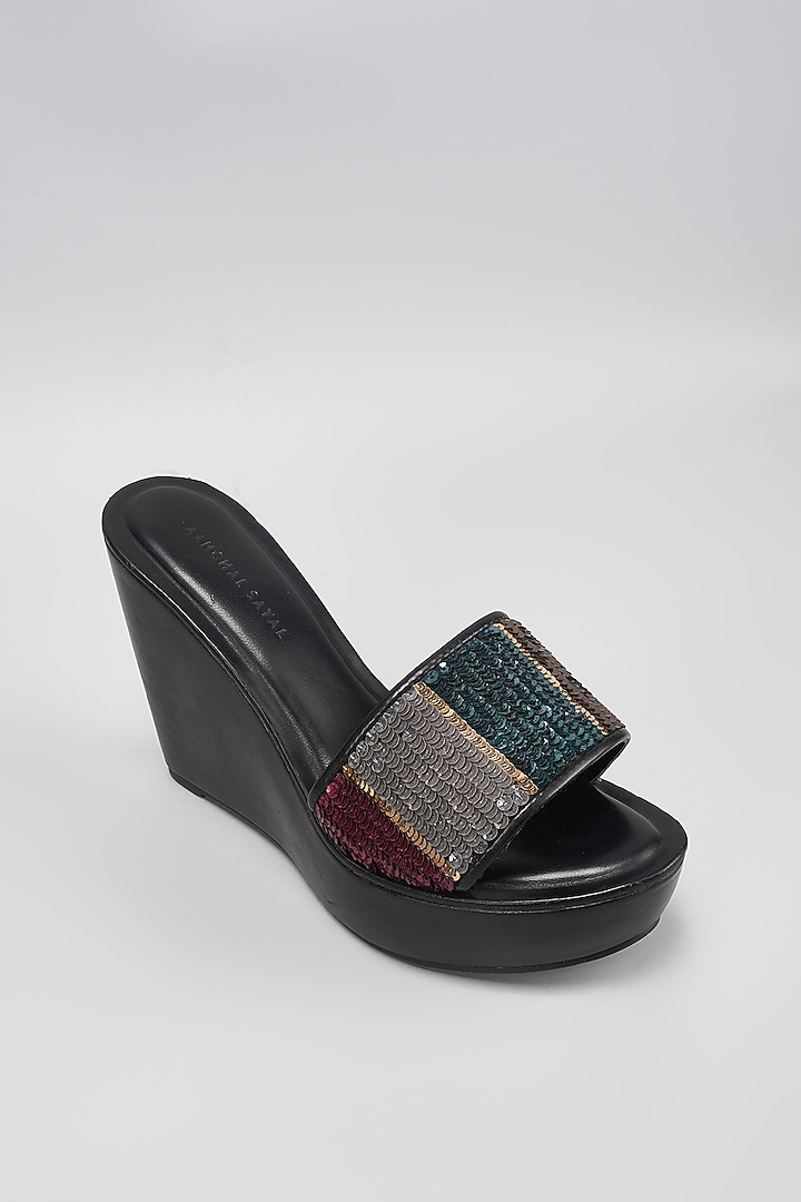 Black Faux Leather Sequins Work Wedges by Aanchal Sayal at Pernia's Pop Up Shop