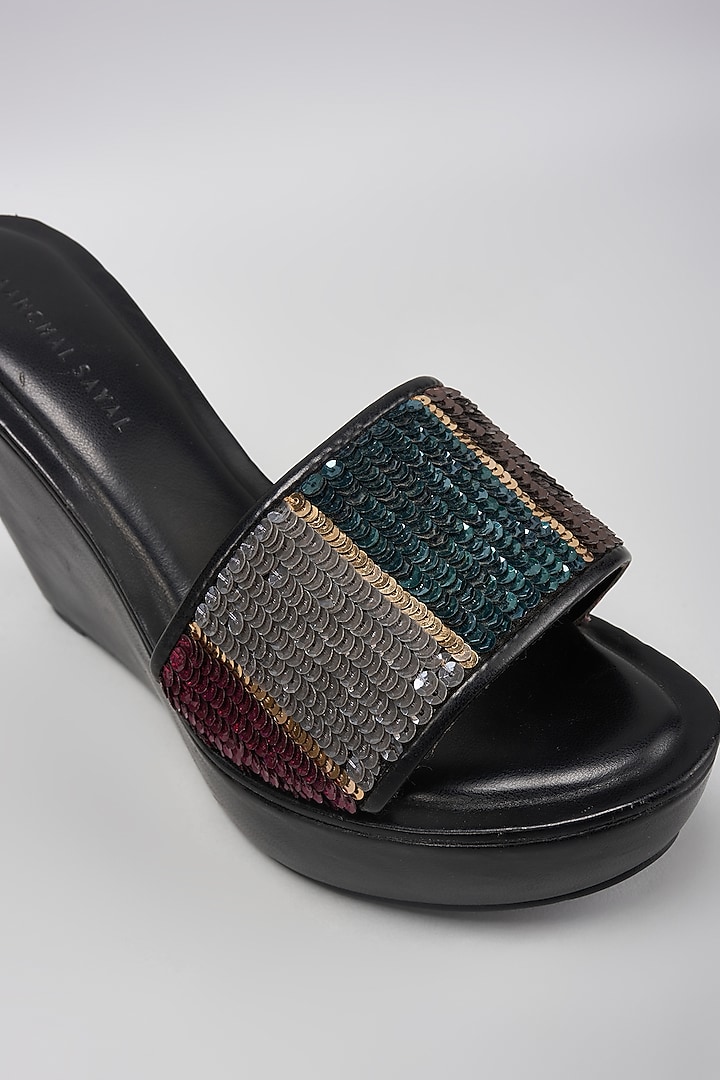 Black Faux Leather Sequins Work Wedges by Aanchal Sayal at Pernia's Pop Up Shop
