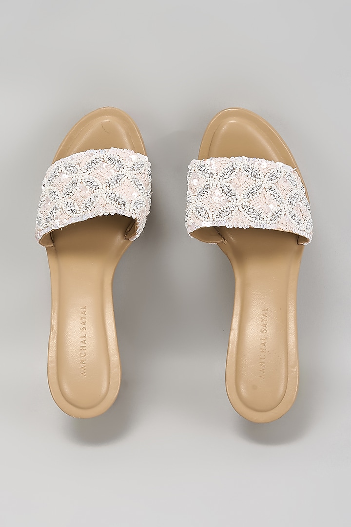 Nude Faux Leather Sequins Work Wedges by Aanchal Sayal at Pernia's Pop Up Shop