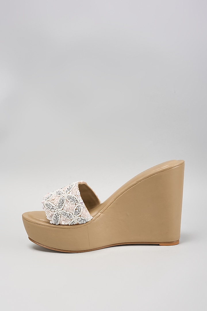 Nude Faux Leather Sequins Work Wedges by Aanchal Sayal at Pernia's Pop Up Shop