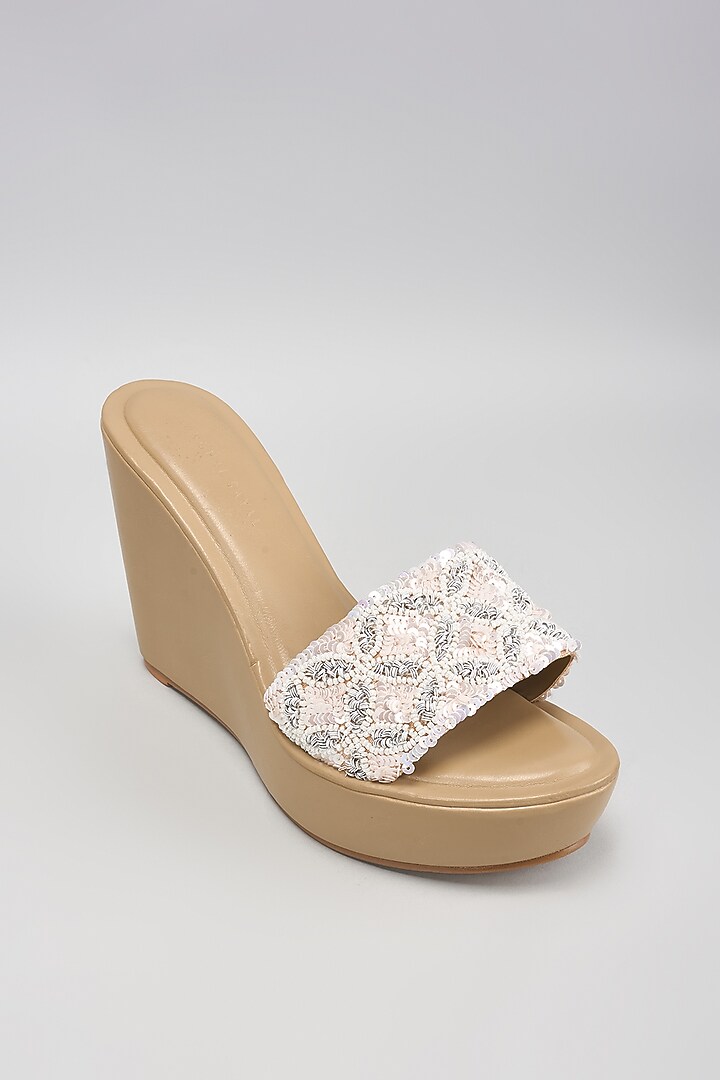 Nude Faux Leather Sequins Work Wedges by Aanchal Sayal at Pernia's Pop Up Shop