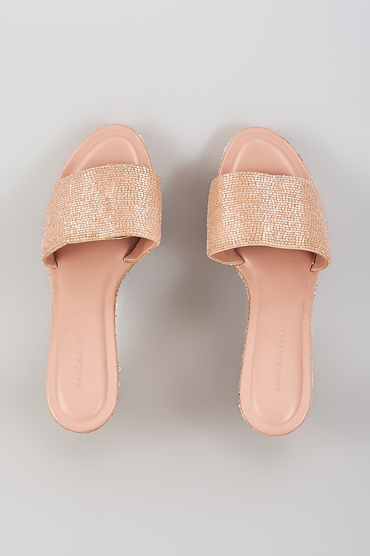 Champagne Faux Leather Sequins Embroidered Heels by Aanchal Sayal at Pernia's Pop Up Shop