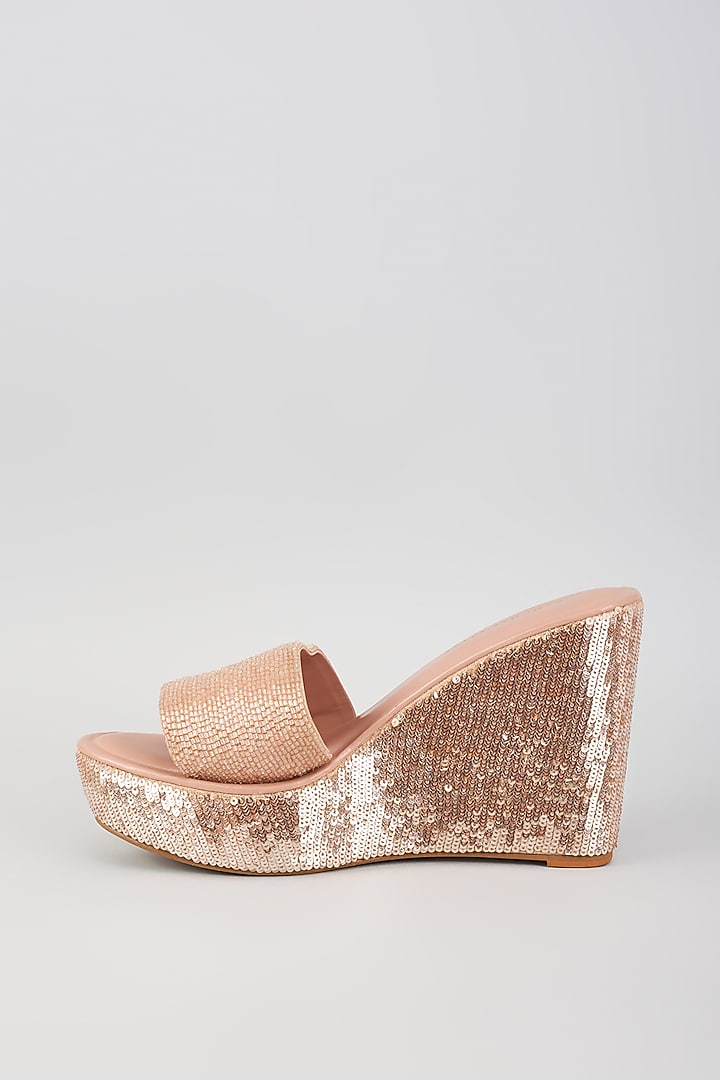 Champagne Faux Leather Sequins Embroidered Heels by Aanchal Sayal at Pernia's Pop Up Shop