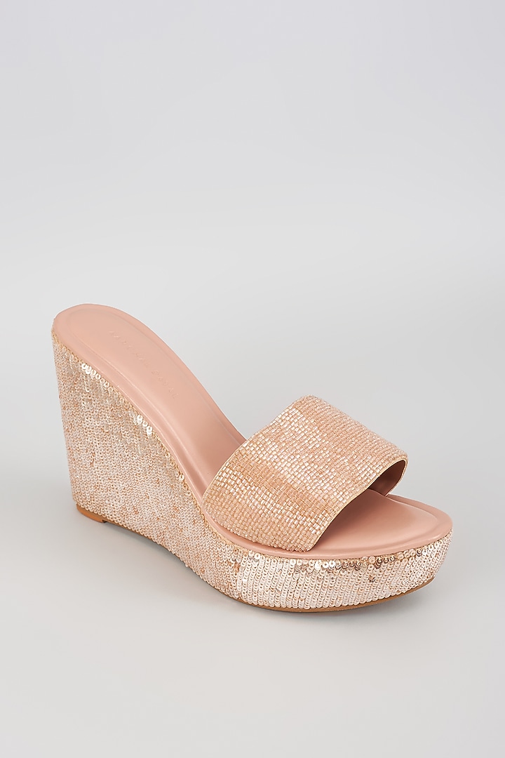 Champagne Faux Leather Sequins Embroidered Heels by Aanchal Sayal at Pernia's Pop Up Shop