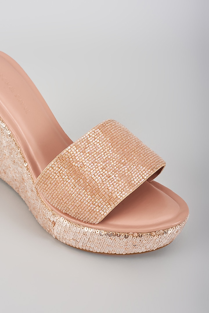 Champagne Faux Leather Sequins Embroidered Heels by Aanchal Sayal at Pernia's Pop Up Shop