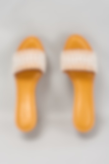 Mustard Faux Leather Pearl Embroidered Heels by Aanchal Sayal at Pernia's Pop Up Shop