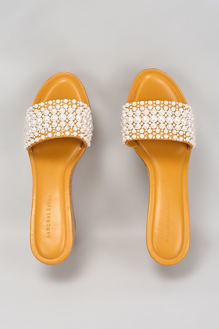 Mustard Faux Leather Pearl Embroidered Heels by Aanchal Sayal at Pernia's Pop Up Shop