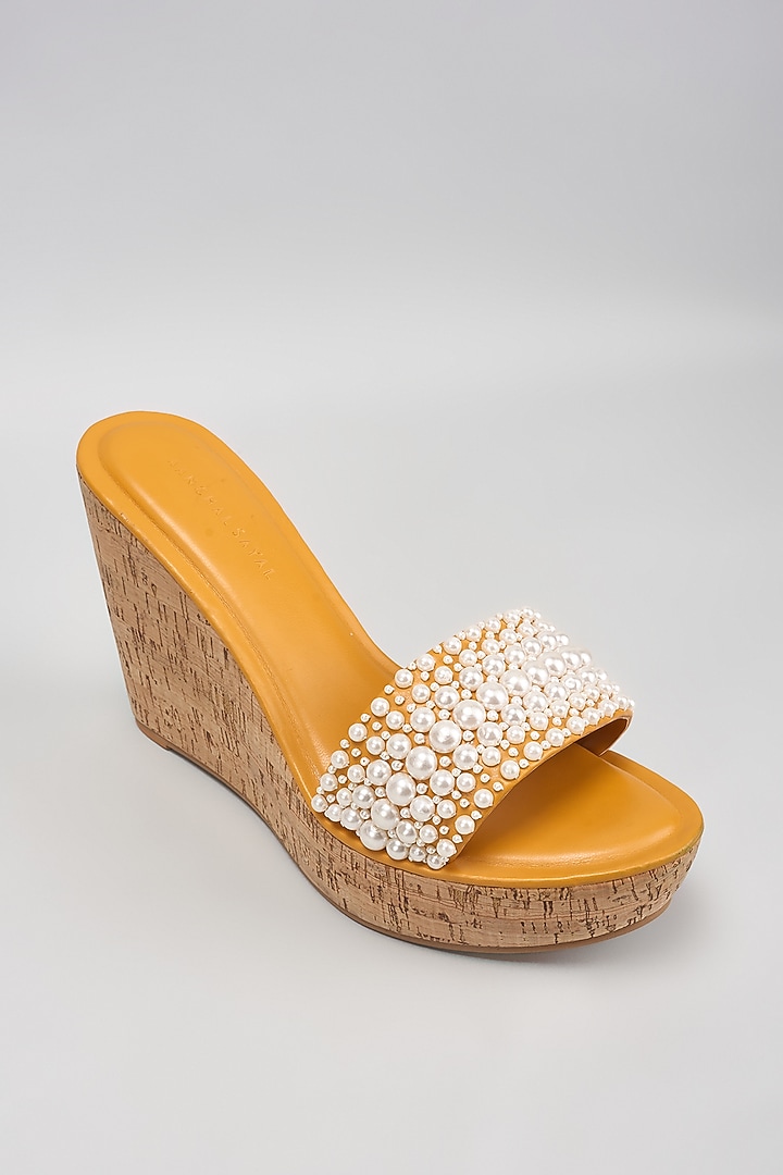 Mustard Faux Leather Pearl Embroidered Heels by Aanchal Sayal at Pernia's Pop Up Shop
