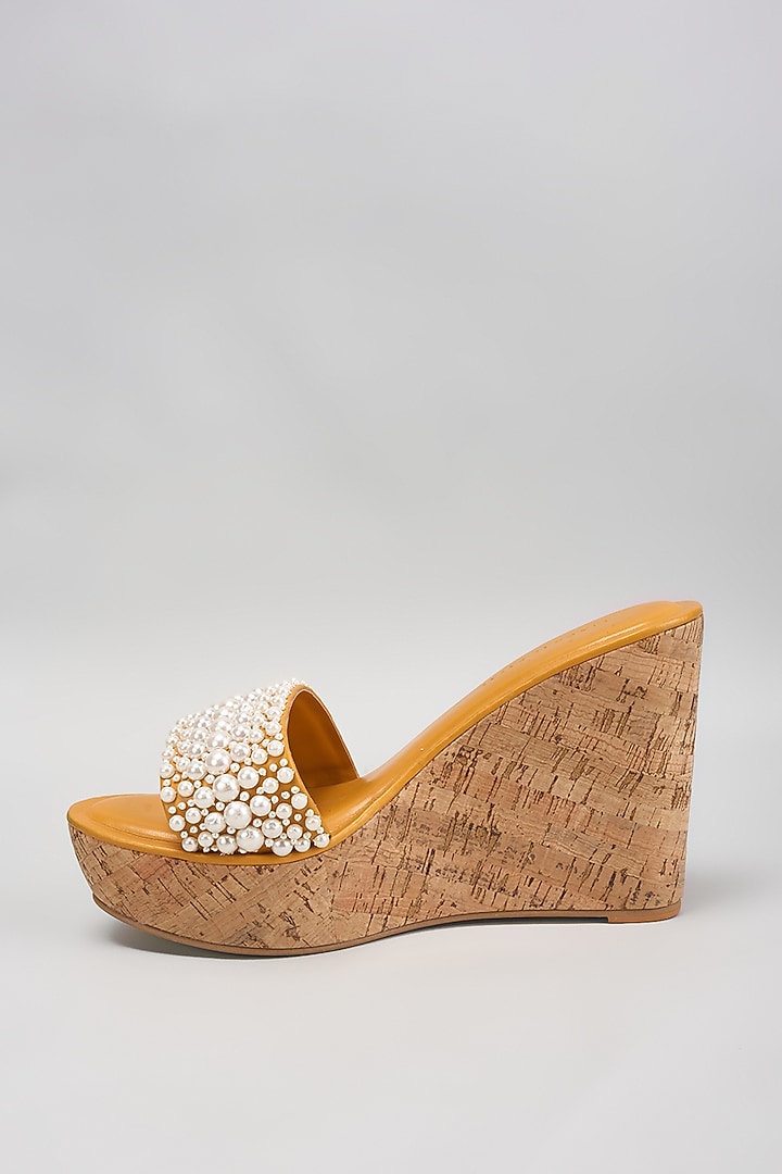 Mustard Faux Leather Pearl Embroidered Heels by Aanchal Sayal at Pernia's Pop Up Shop