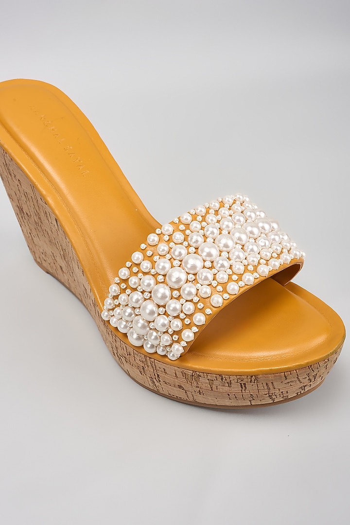 Mustard Faux Leather Pearl Embroidered Heels by Aanchal Sayal at Pernia's Pop Up Shop